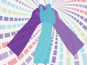 Graphic: Three arms holding hands in victory; one dark purple (representing the parent advocacy movement, one light blue representing the self-advocacy movement, and one light purple representing the sibling movement.